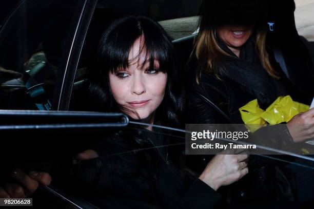 Television personality Shannen Doherty leaves the "Live With Regis And Kelly" taping at the ABC Lincoln Center Studios on April 01, 2010 in New York...