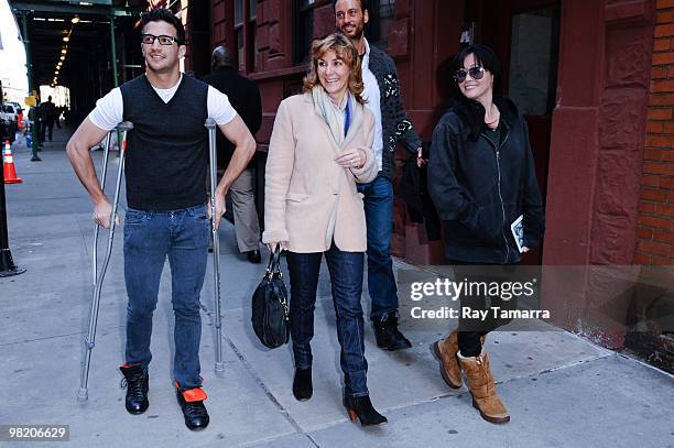 Dancer Mark Ballas, his mother Shirley Ballas, and television personality Shannon Doherty walk in Midtown Manhattan on April 01, 2010 in New York...