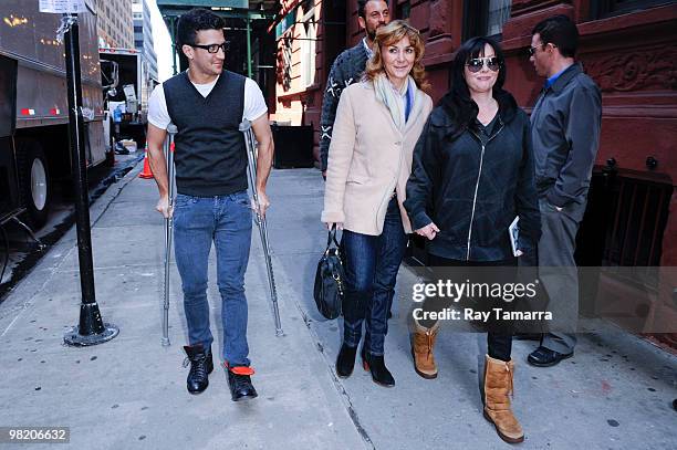 Dancer Mark Ballas, his mother Shirley Ballas, and television personality Shannon Doherty walk in Midtown Manhattan on April 01, 2010 in New York...