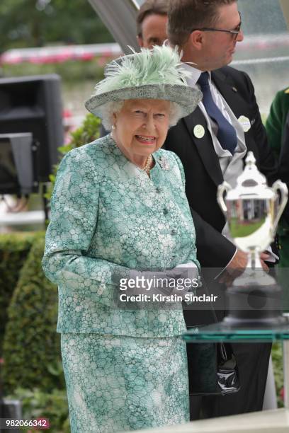 Queen Elizabeth II presents the Diamond Jubilee Stakes on day 5 of Royal Ascot at Ascot Racecourse on June 23, 2018 in Ascot, England.