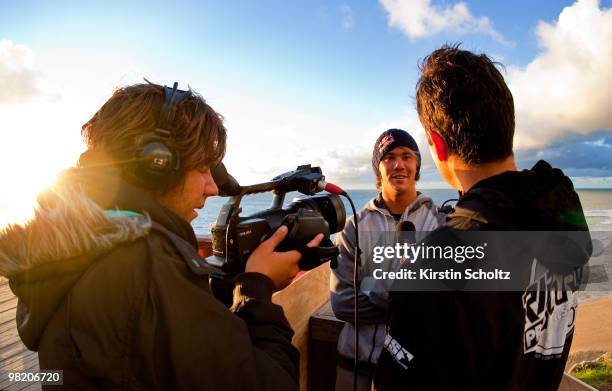 Jordy Smith of South Africa during an interview at the Rip Curl Pro Bells Beachon April 1, 2010 in Bells Beach, Australia.