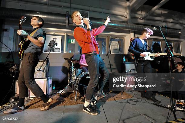 Jacob Graham, Jonathan Pierce and Adam Kessler of Brooklyn based band The Drums perform at Rough Trade East on April 1, 2010 in London, England.