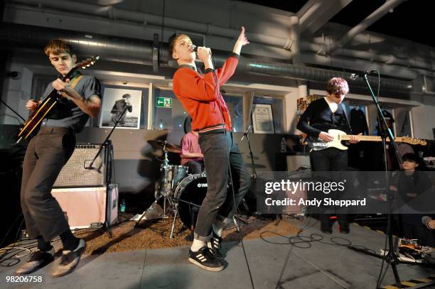 Jacob Graham, Jonathan Pierce and Adam Kessler of Brooklyn based band The Drums perform at Rough Trade East on April 1, 2010 in London, England.