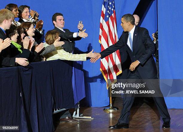 President Barack Obama arrives to speak on health insurance reform at the Portland Expo Center in Portland, Maine, on April 1, 2010. AFP PHOTO/Jewel...