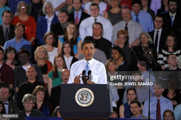 President Barack Obama speaks on health insurance reform at the Portland Expo Center in Portland, Maine, on April 1, 2010. AFP PHOTO/Jewel SAMAD