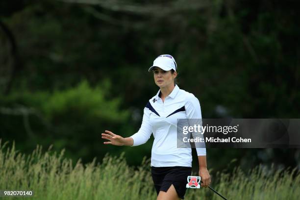 Beatriz Recari of Spain waves after making a birdie during the third and final round of the ShopRite LPGA Classic Presented by Acer on the Bay Course...