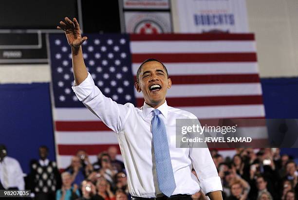 President Barack Obama waves after speaking on health insurance reform at the Portland Expo Center in Portland, Maine, on April 1, 2010. AFP...