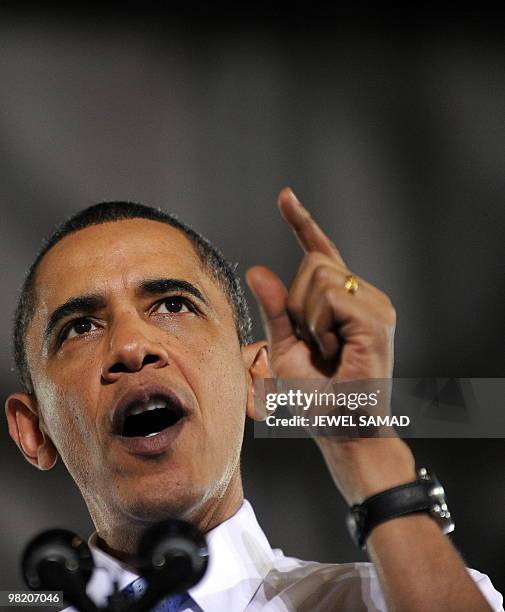 President Barack Obama speaks on health insurance reform at the Portland Expo Center in Portland, Maine, on April 1, 2010. AFP PHOTO/Jewel SAMAD