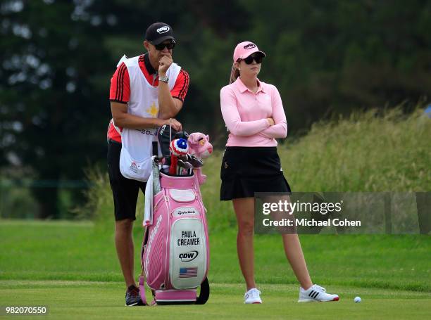 Paula Creamer prepares to hit a shot during the third and final round of the ShopRite LPGA Classic Presented by Acer on the Bay Course at Stockton...