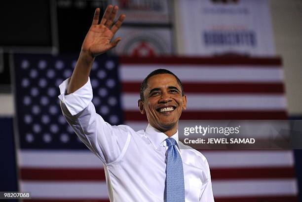 President Barack Obama waves after speaking on health insurance reform at the Portland Expo Center in Portland, Maine, on April 1, 2010. AFP...