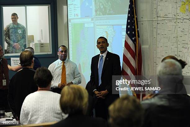 President Barack Obama visits Massachusettes Emergency Management Agency in Framingham, Massachusettes, on April 1, 2010. AFP PHOTO/Jewel SAMAD