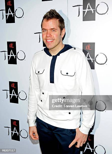 Celebrity blogger Perez Hilton arrives to celebrate his birthday at Tao Nightclub at the Venetian on April 1, 2010 in Las Vegas, Nevada.