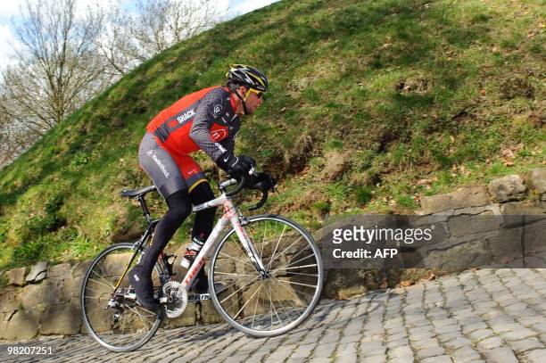 Cyclist Lance Armstrong of the Radioshack team rides during an exploration training on April 1, 2010 ahead of the 94rd edition of the one-day cycling...