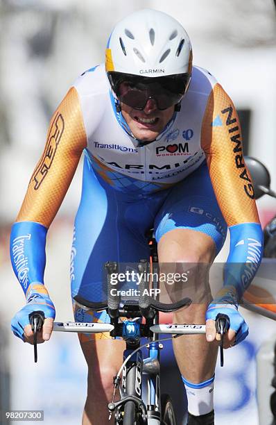 British David Millar of Garmin cycling team on the way to win the three-day race by winning the time trial in the KBC De Panne - Koksijde race on...