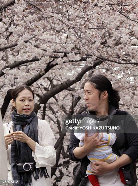 Japanese family stroll under blooming cherry trees on a riverside promenade in Tokyo on April 1, 2010. Japan's meteorological agency announced that...