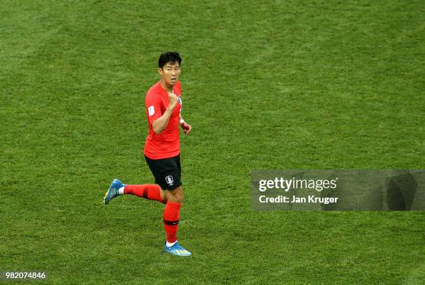 Son Heung-Min of Korea Republic celebrates after scoring his team's first goal during the 2018 FIFA World Cup Russia group F match between Korea...