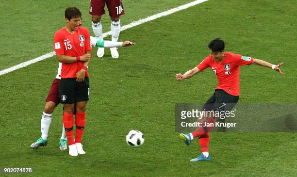 Heungmin Son of Korea Republic scores his team's first goal during the 2018 FIFA World Cup Russia group F match between Korea Republic and Mexico at...