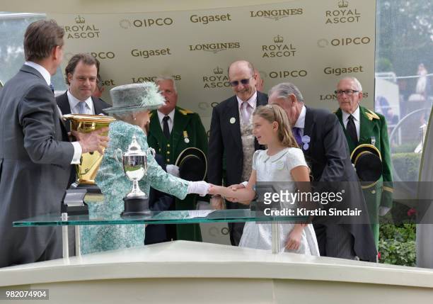 Queen Elizabeth II presents the Diamond Jubilee Stakes on day 5 of Royal Ascot at Ascot Racecourse on June 23, 2018 in Ascot, England.