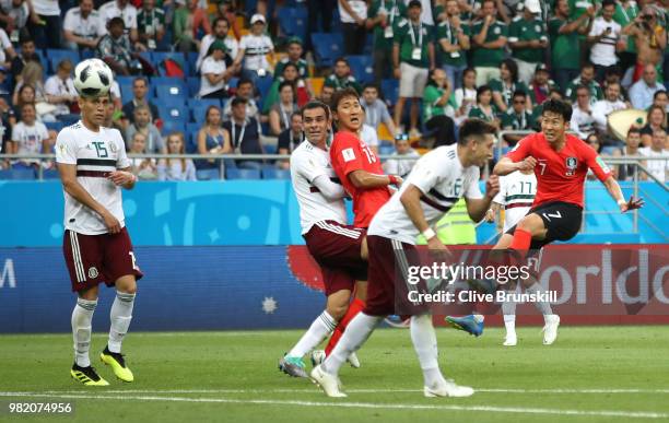 Heungmin Son of Korea Republic scores his team's first goal during the 2018 FIFA World Cup Russia group F match between Korea Republic and Mexico at...