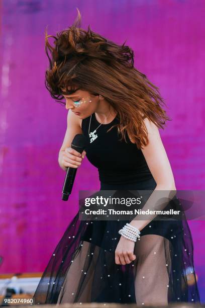 Lauren Mayberry of Chvrches performs on stage during the second day of the Southside Festival on June 23, 2018 in Neuhausen, Germany.