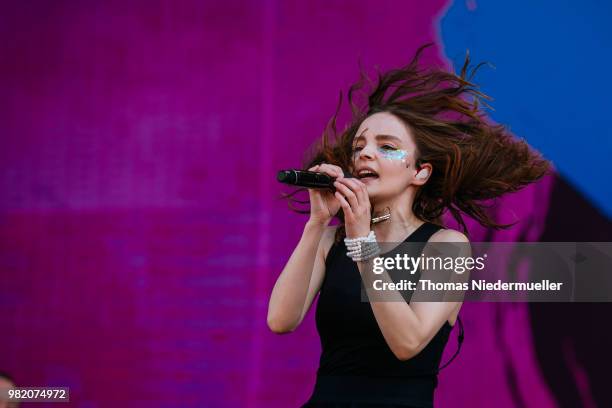 Lauren Mayberry of Chvrches performs on stage during the second day of the Southside Festival on June 23, 2018 in Neuhausen, Germany.