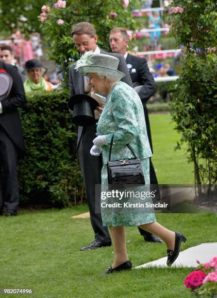 Queen Elizabeth II attends the awards for the Diamond Jubilee Stakes on day 5 of Royal Ascot at Ascot Racecourse on June 23, 2018 in Ascot, England.