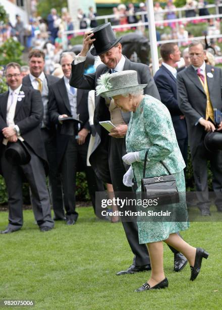 Queen Elizabeth II attends the awards for the Diamond Jubilee Stakes on day 5 of Royal Ascot at Ascot Racecourse on June 23, 2018 in Ascot, England.