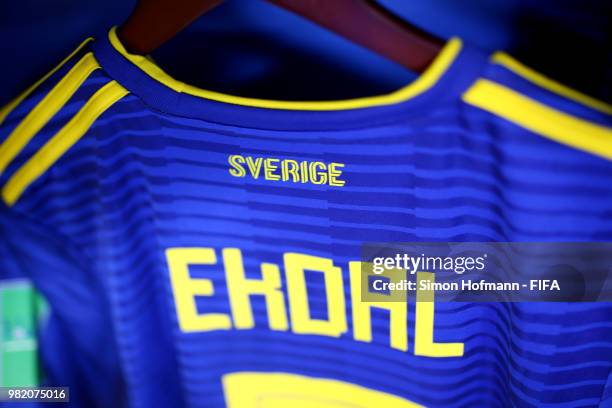 Albin Ekdal of Sweden shirt hangs inside the dressing room prior to the 2018 FIFA World Cup Russia group F match between Germany and Sweden at Fisht...