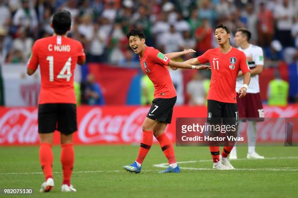 Heungmin Son of Korea Republic celebrates after scoring his team's first goal during the 2018 FIFA World Cup Russia group F match between Korea...