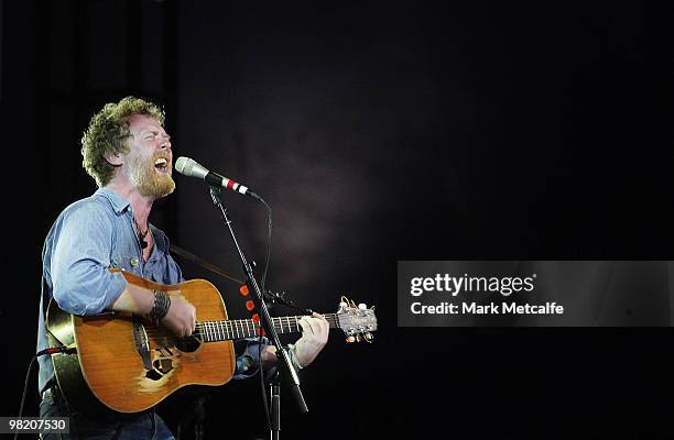 Glen Hansard of The Swell Season performs on stage during Day 2 of Bluesfest 2010 at Tyagarah Tea Tree Farm on April 2, 2010 in Byron Bay, Australia.