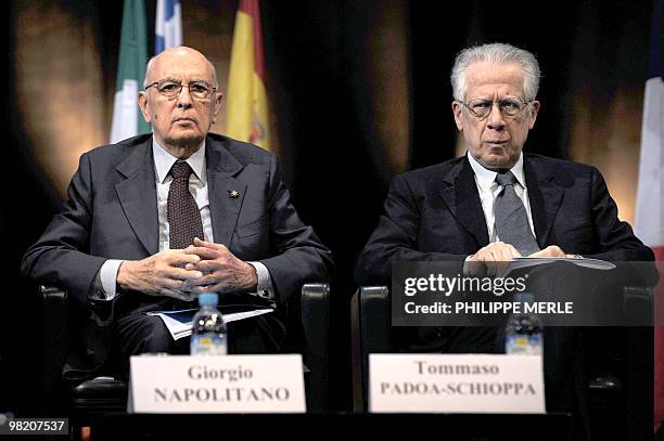 Italian President Giorgio Napolitano and former Italian Finance Minister Tommaso Padoa Schioppa attend an EU meeting, "Etats generaux de l'Europe"...