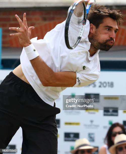 Jeremy Chardy in action during Fever-Tree Championships Semi Final match between Jeremy Chardy against Novak Djokovic at The Queen's Club, London, on...