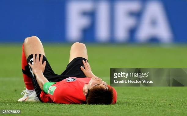 Sungyueng Ki of Korea Republic looks dejected following his sides defeat in the 2018 FIFA World Cup Russia group F match between Korea Republic and...