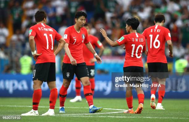 Heungmin Son of Korea Republic celebrates after scoring his team's first goal during the 2018 FIFA World Cup Russia group F match between Korea...