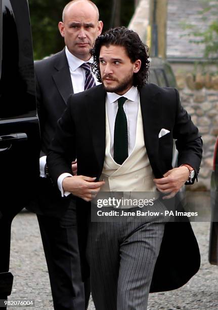 Groom Game of Thrones star Kit Harington, who plays Jon Snow, arriving at Rayne Church in the village of Kirkton of Rayne, Aberdeenshire, for his...