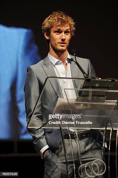 Alex Pettyfer from the film "Beastly" gives a speech at the CBS Films ShoWest Luncheon at Paris Las Vegas on March 18, 2010 in Las Vegas, Nevada.