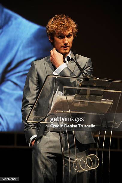 Alex Pettyfer from the film "Beastly" gives a speech at the CBS Films ShoWest Luncheon at Paris Las Vegas on March 18, 2010 in Las Vegas, Nevada.