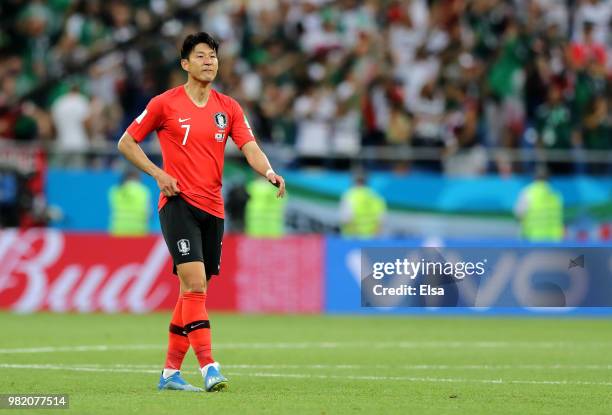 Heungmin Son of Korea Republic looks dejected following his sides defeat in the 2018 FIFA World Cup Russia group F match between Korea Republic and...