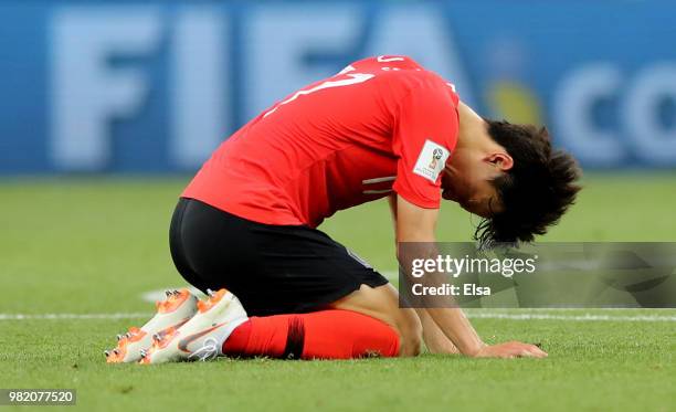 Hwang Hee-chan of Korea Republic looks dejected following during the 2018 FIFA World Cup Russia group F match between Korea Republic and Mexico at...