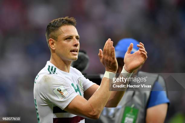 Javier Hernandez of Mexico applauds fans following his sides victory in the 2018 FIFA World Cup Russia group F match between Korea Republic and...