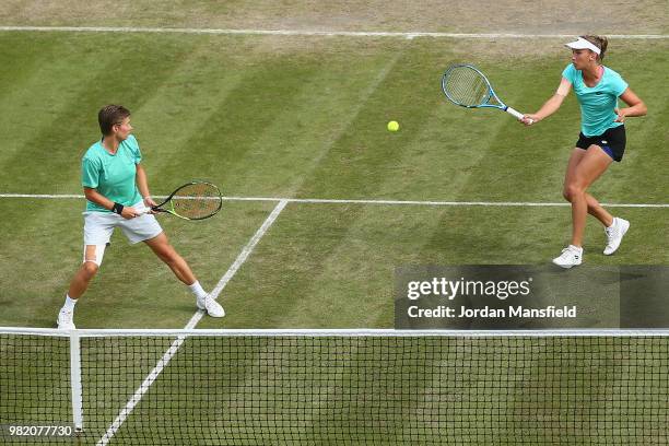 Elise Mertens of Belgium and Demi Schuurs of the Netherlands in action during their doubles semi-final match against Nicole Melichar of the USA and...