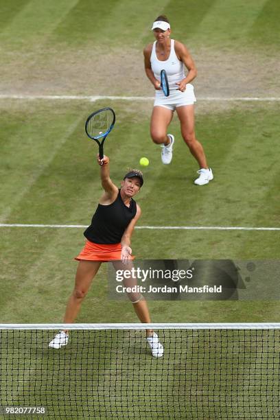 Nicole Melichar of the USA and Kveta Peschke of the Czech Republic in action during their doubles semi-final match against Elise Mertens of Belgium...