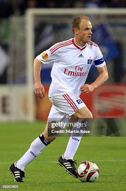 David Jarolim of Hamburg runs with the ball during the UEFA Europa League quarter final first leg match between Hamburger SV and Standard Liege at...