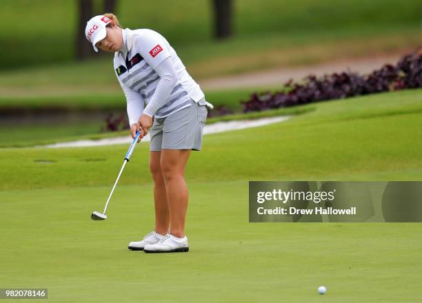 Ariya Jutanugarn of Thailand putts on the 15th green during the second round of the Walmart NW Arkansas Championship Presented by P&G at Pinnacle...