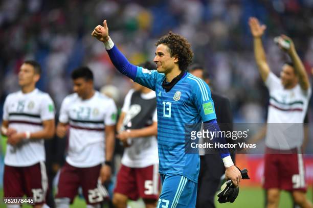 Guillermo Ochoa of Mexico gives a thumbs up to fans after the 2018 FIFA World Cup Russia group F match between Korea Republic and Mexico at Rostov...