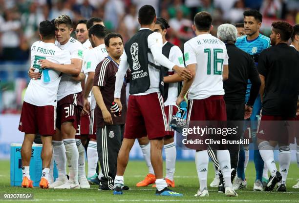 Carlos Salcedo and Diego Reyes of Mexico celebrate during the 2018 FIFA World Cup Russia group F match between Korea Republic and Mexico at Rostov...