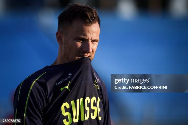 Switzerland's forward Haris Seferovic takes part in a training session in Tolyatti, also known as Togliatti on June 23 during the Russia 2018 World...