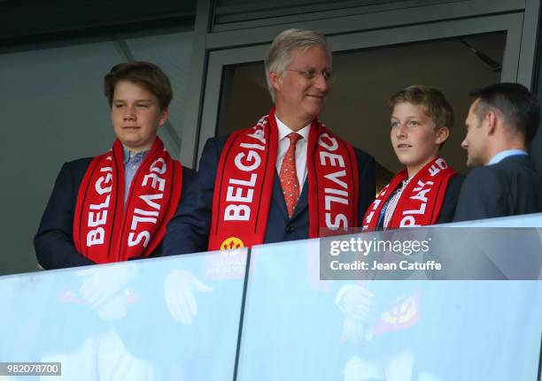 King Philippe of Belgium and his sons Prince Gabriel of Belgium and Prince Emmanuel of Belgium attend the 2018 FIFA World Cup Russia group G match...