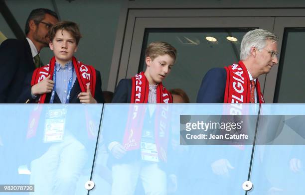 King Philippe of Belgium and his sons Prince Gabriel of Belgium and Prince Emmanuel of Belgium attend the 2018 FIFA World Cup Russia group G match...