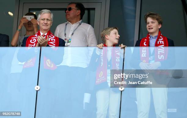 King Philippe of Belgium and his sons Prince Emmanuel of Belgium and Prince Gabriel of Belgium attend the 2018 FIFA World Cup Russia group G match...